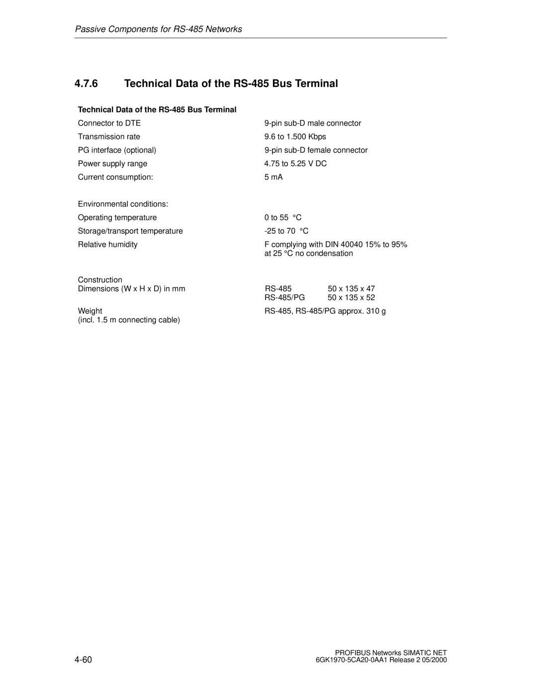 Siemens SIMATIC NET PROFIBUS manual Technical Data of the RS-485 Bus Terminal 