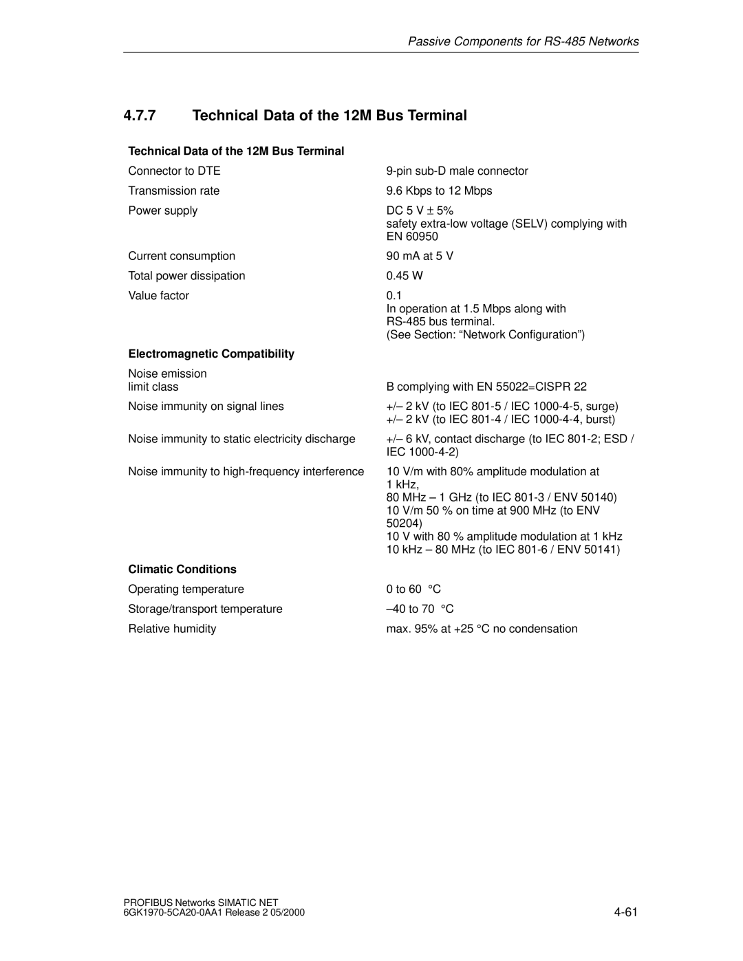 Siemens SIMATIC NET PROFIBUS Technical Data of the 12M Bus Terminal, Electromagnetic Compatibility, Climatic Conditions 