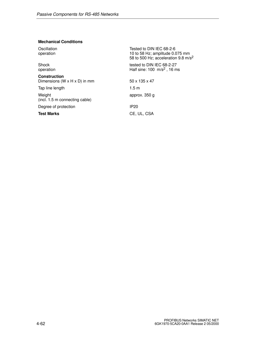 Siemens SIMATIC NET PROFIBUS manual Mechanical Conditions, Construction, Test Marks 