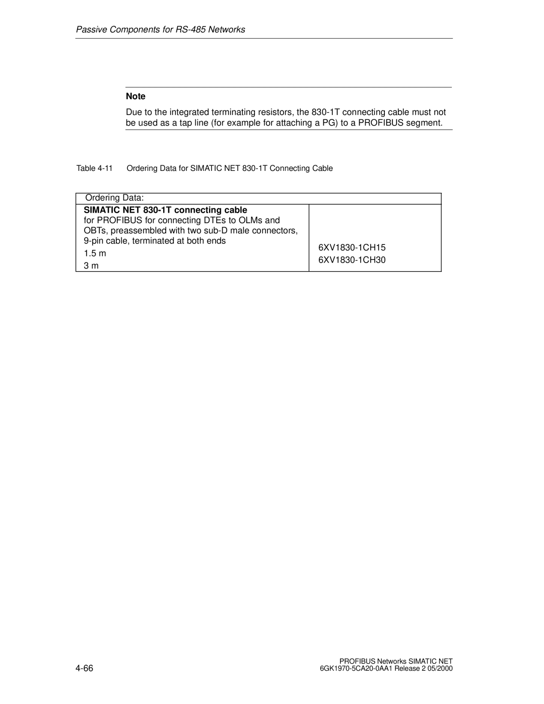 Siemens SIMATIC NET PROFIBUS manual Simatic NET 830-1T connecting cable 