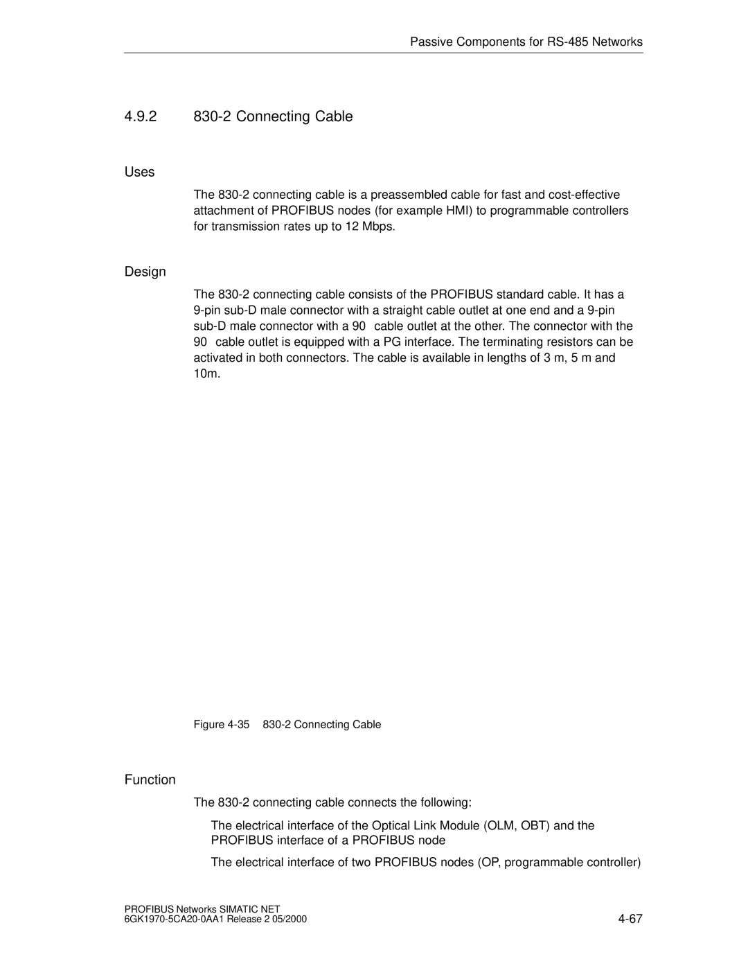 Siemens SIMATIC NET PROFIBUS manual 2 830-2 Connecting Cable, 35 830-2 Connecting Cable 