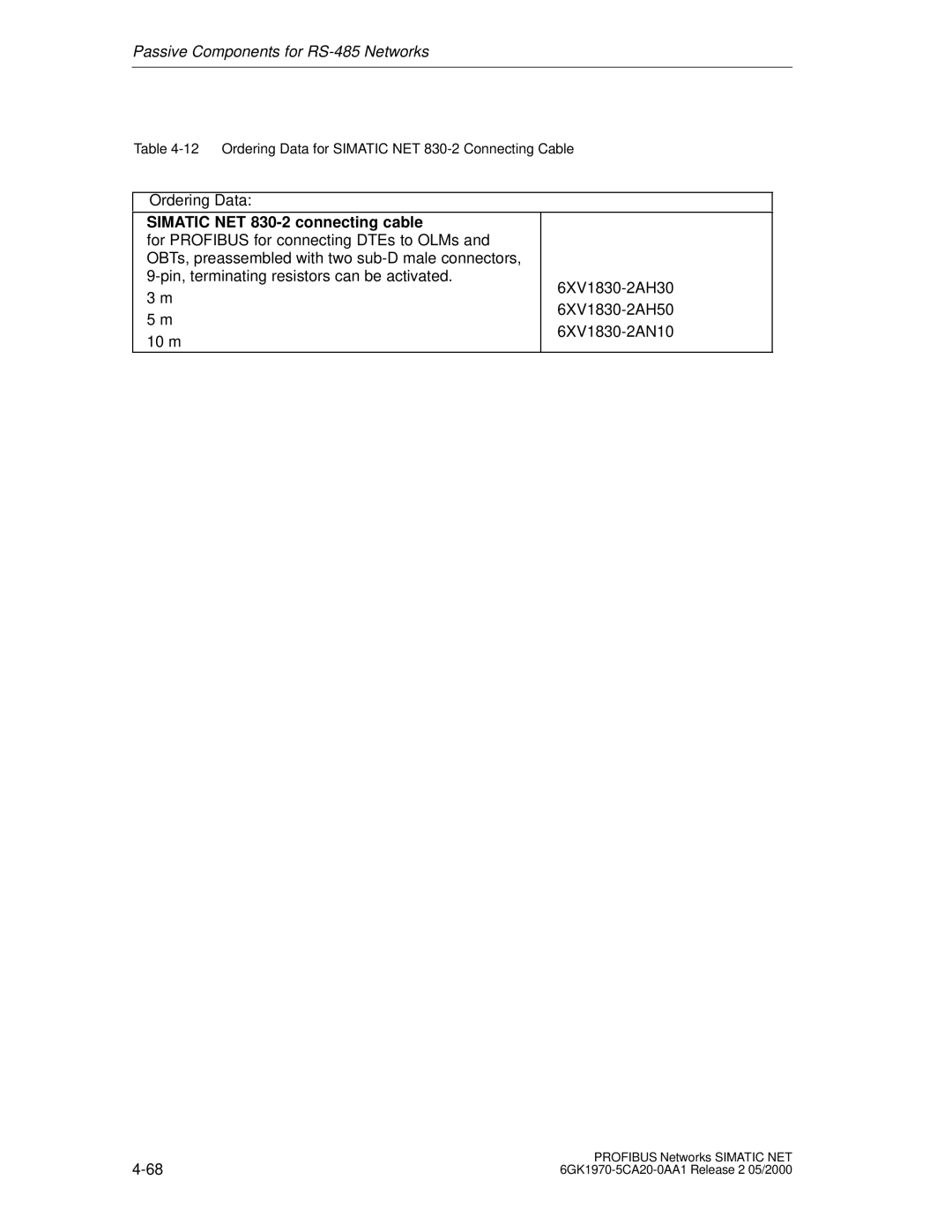 Siemens SIMATIC NET PROFIBUS manual Simatic NET 830-2 connecting cable 