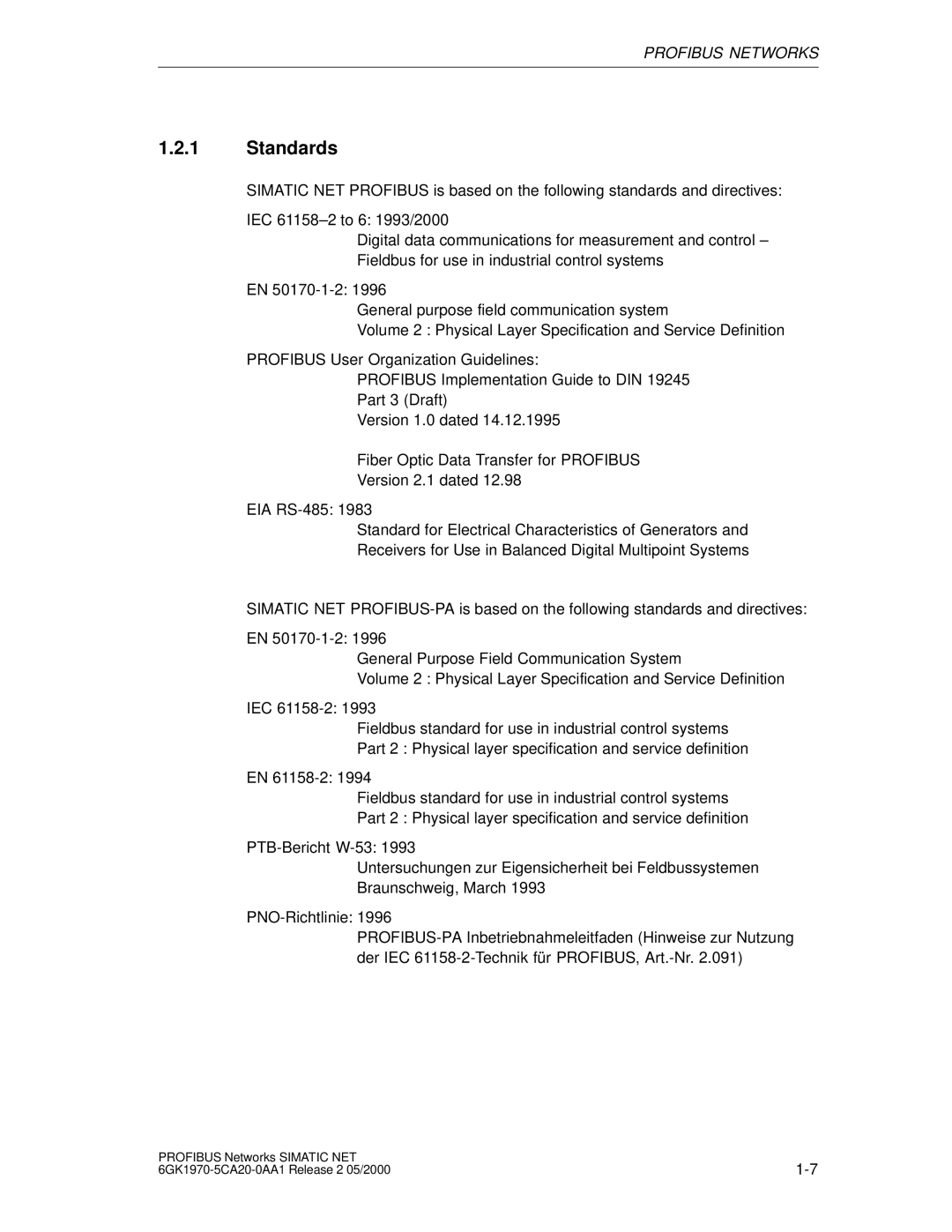 Siemens SIMATIC NET PROFIBUS manual Standards 