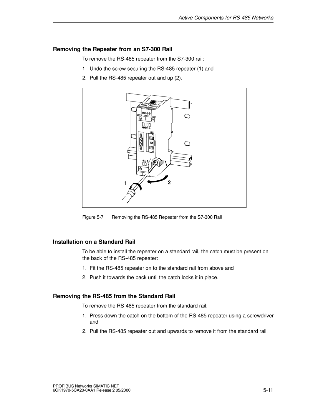 Siemens SIMATIC NET PROFIBUS manual Removing the Repeater from an S7-300 Rail, Installation on a Standard Rail 