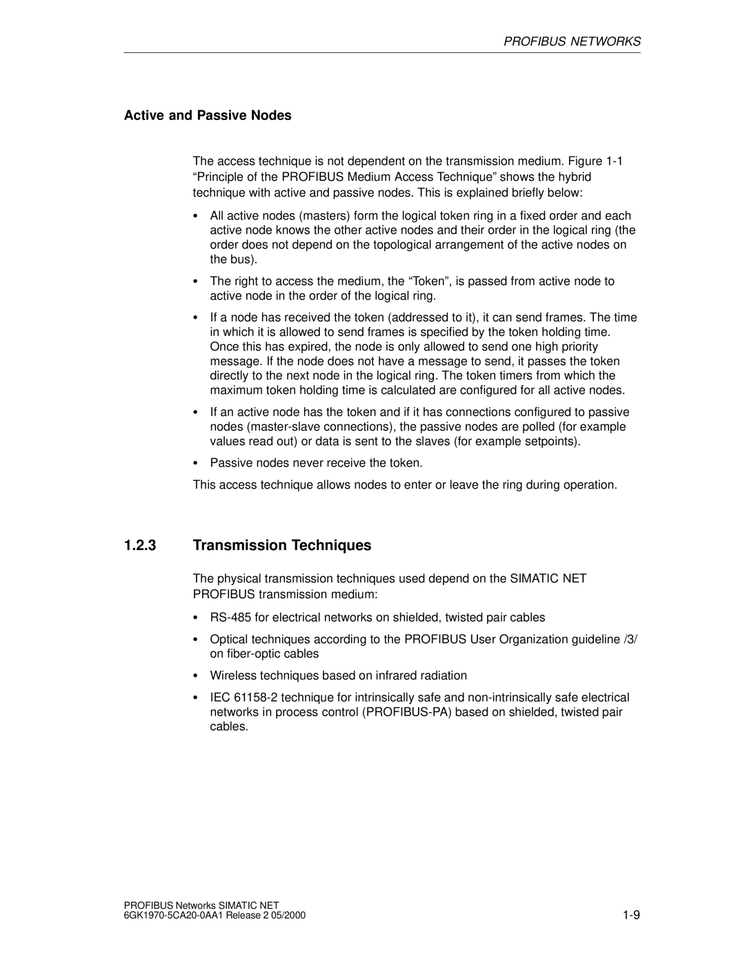 Siemens SIMATIC NET PROFIBUS manual Transmission Techniques, Active and Passive Nodes 