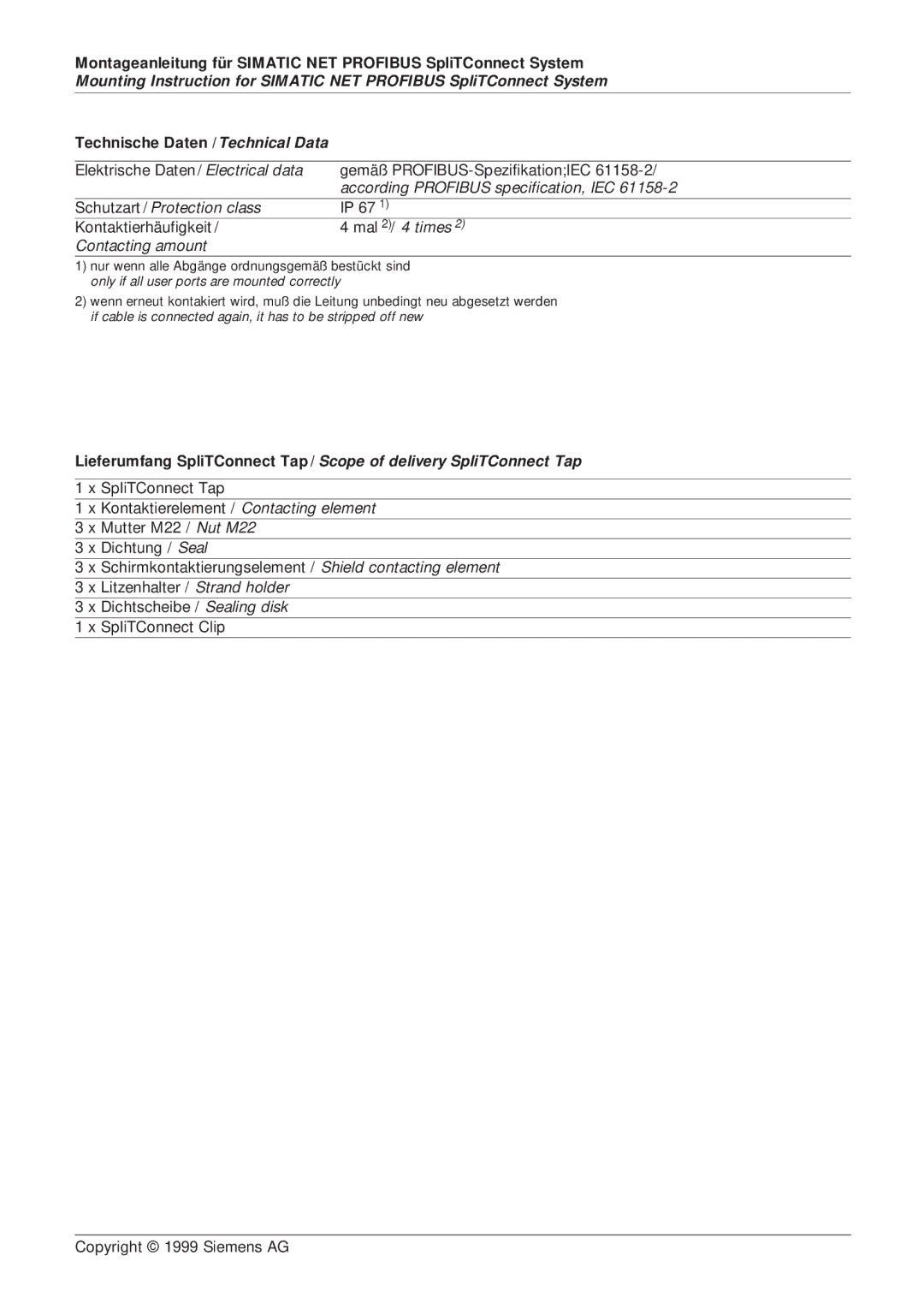 Siemens SIMATIC NET PROFIBUS manual Technische Daten /Technical Data 