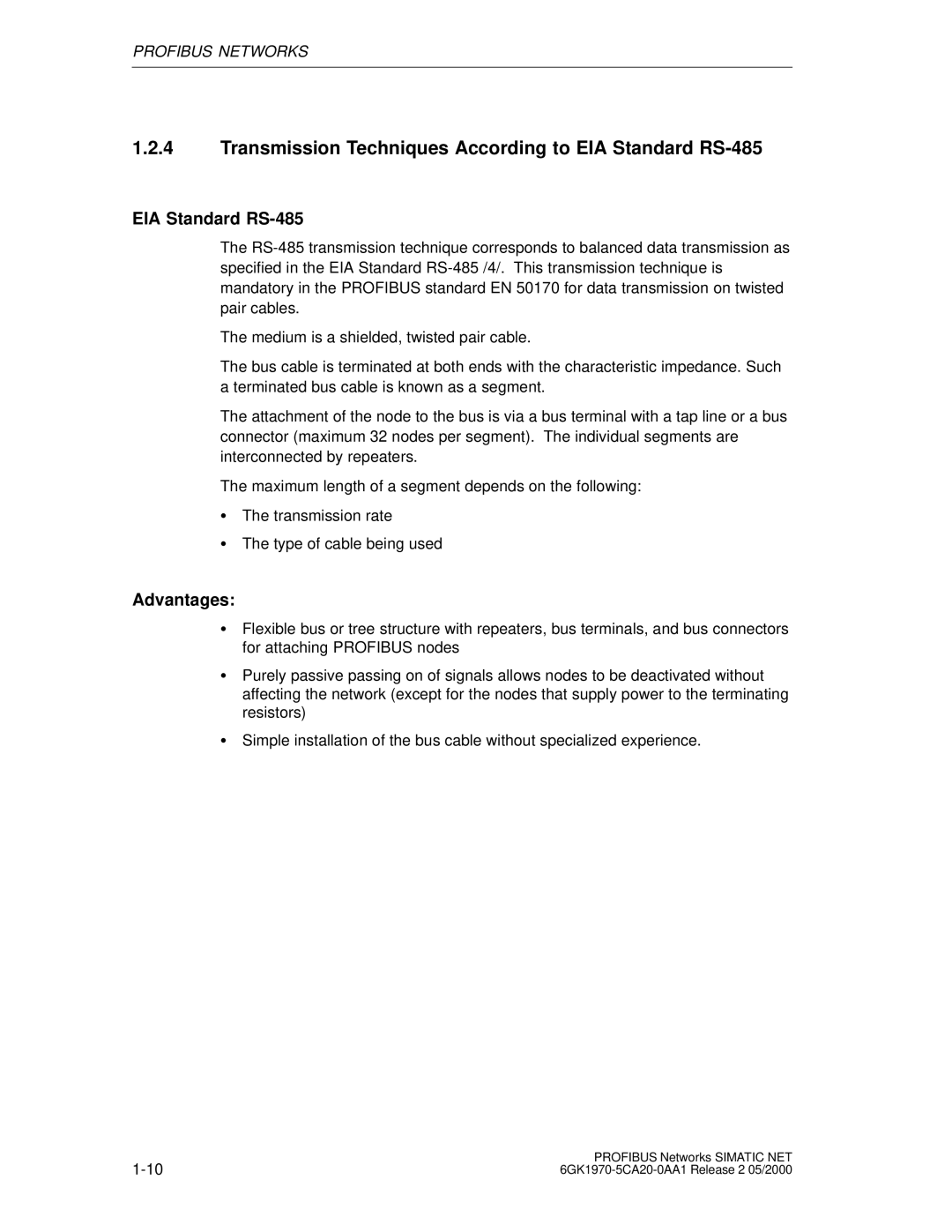 Siemens SIMATIC NET PROFIBUS manual Transmission Techniques According to EIA Standard RS-485, Advantages 