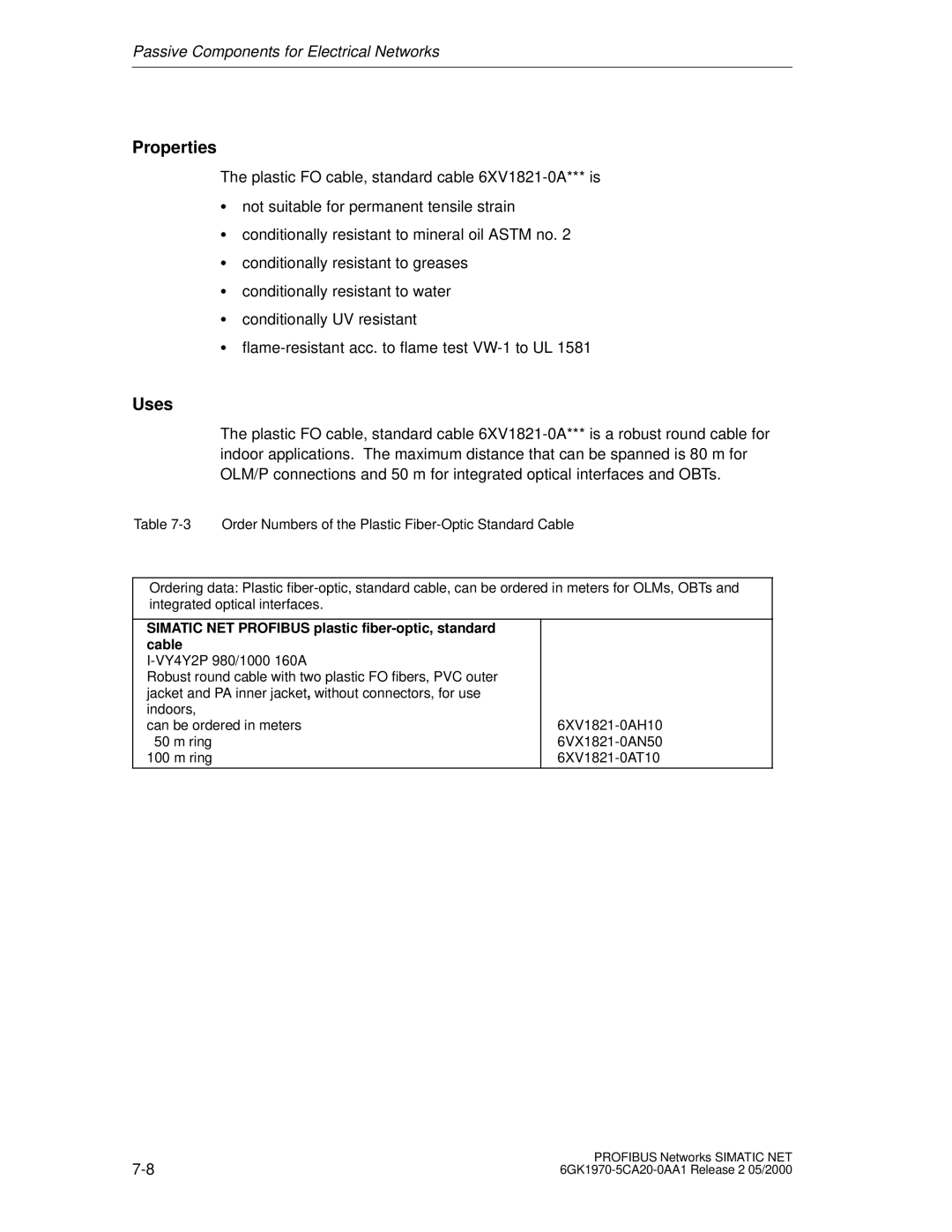 Siemens SIMATIC NET PROFIBUS manual Properties, Simatic NET Profibus plastic fiber-optic, standard cable 