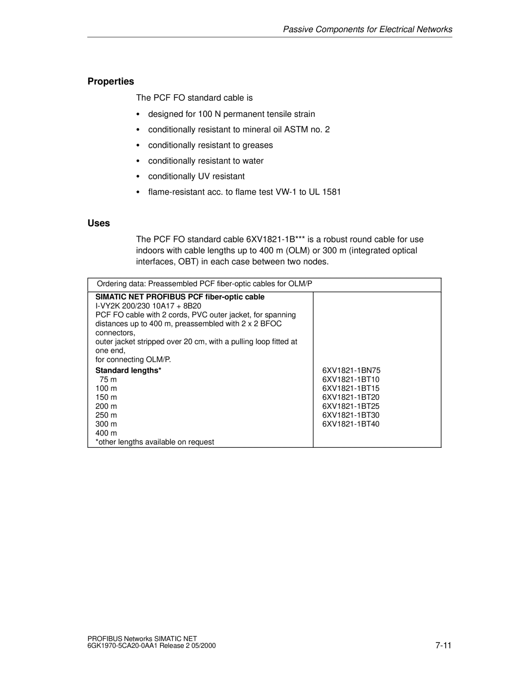 Siemens SIMATIC NET PROFIBUS manual Properties, Simatic NET Profibus PCF fiber-optic cable 