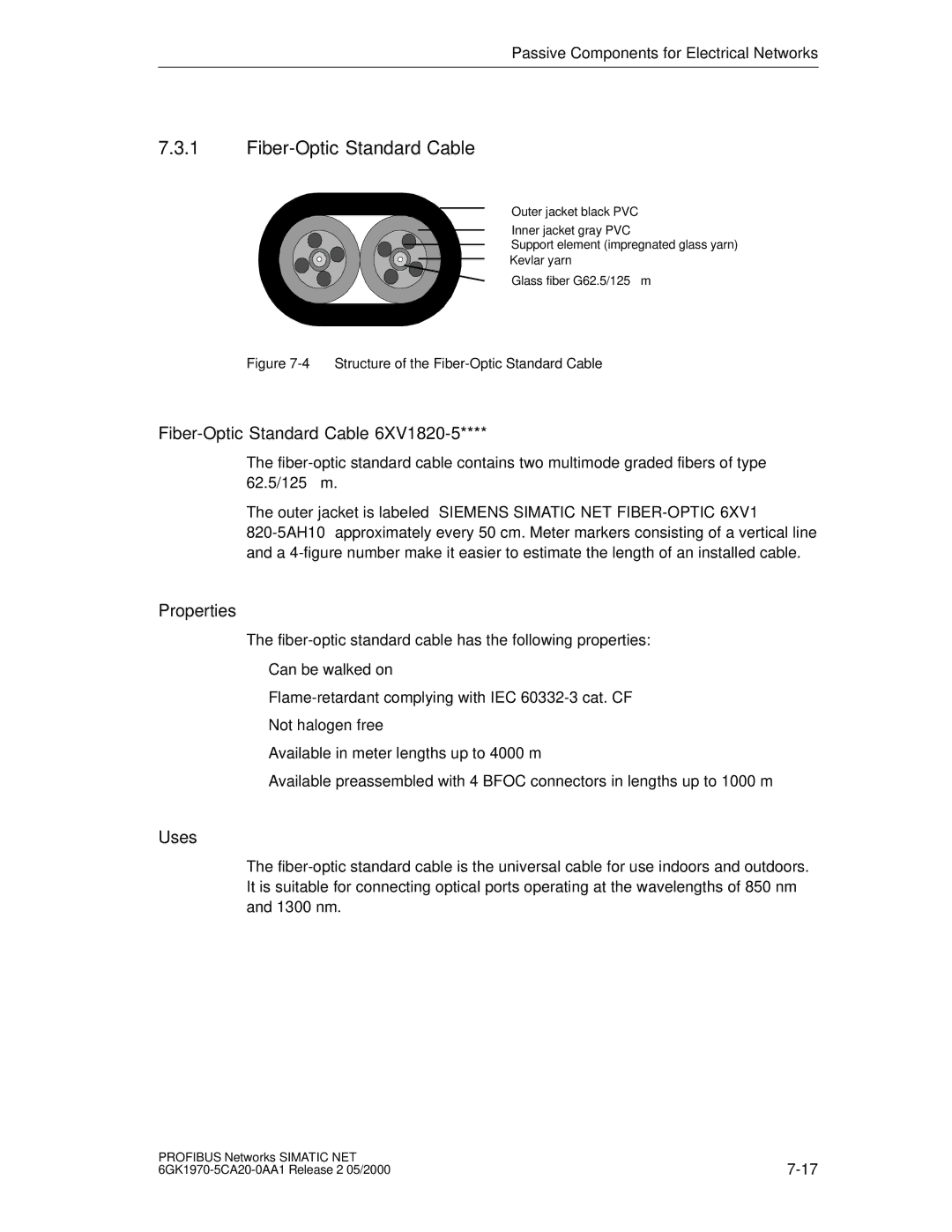 Siemens SIMATIC NET PROFIBUS manual Fiber-Optic Standard Cable 