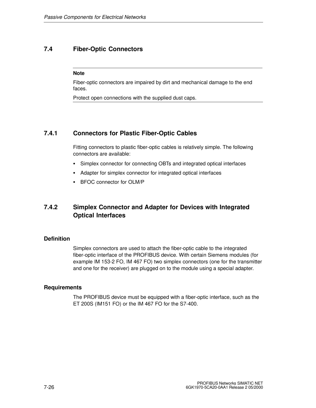 Siemens SIMATIC NET PROFIBUS manual Fiber-Optic Connectors, Connectors for Plastic Fiber-Optic Cables, Requirements 