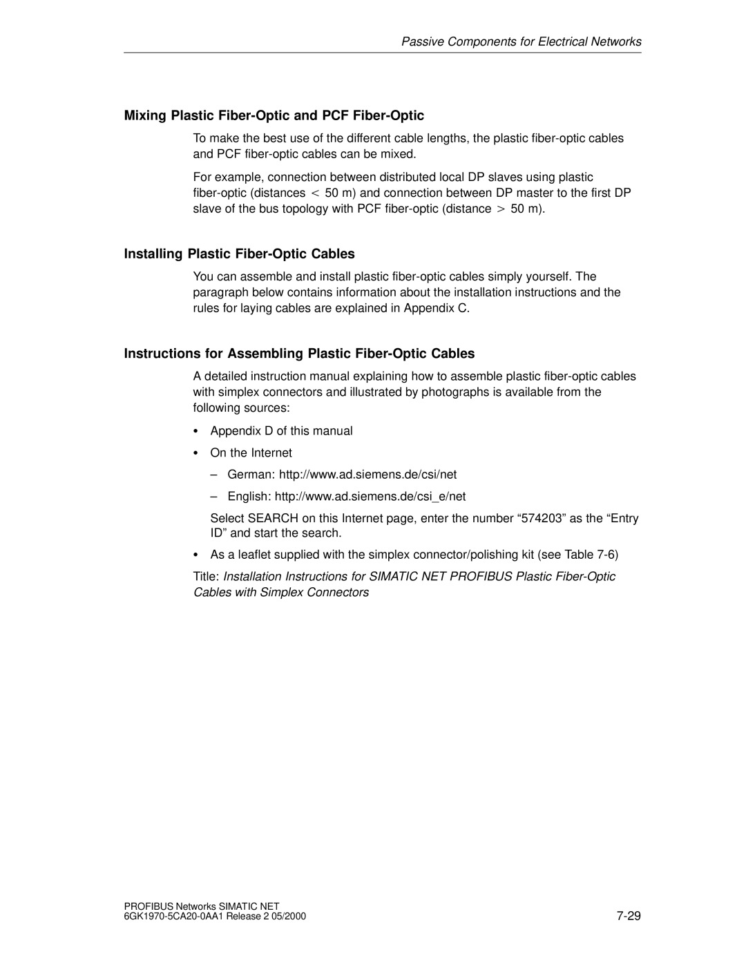 Siemens SIMATIC NET PROFIBUS Installing Plastic Fiber-Optic Cables, Instructions for Assembling Plastic Fiber-Optic Cables 