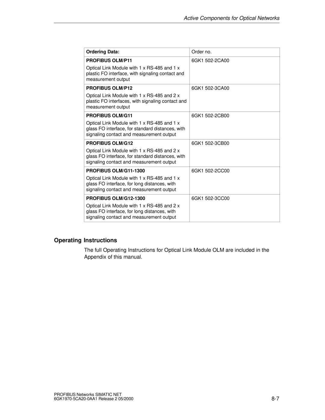 Siemens SIMATIC NET PROFIBUS manual Profibus OLM/P11 