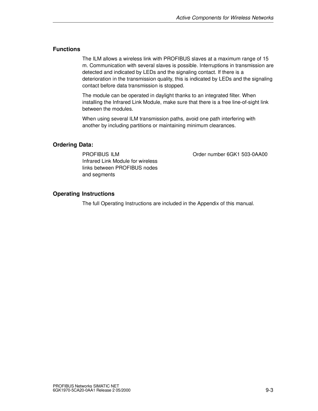 Siemens SIMATIC NET PROFIBUS manual Ordering Data, Profibus ILM 