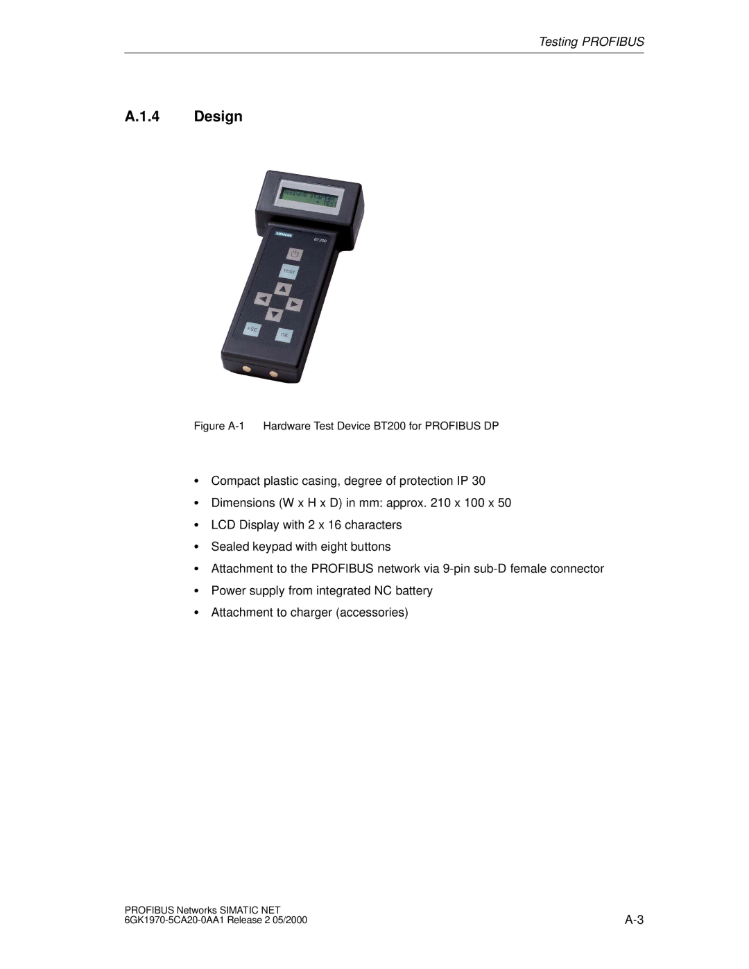 Siemens SIMATIC NET PROFIBUS manual Design, Figure A-1 Hardware Test Device BT200 for Profibus DP 