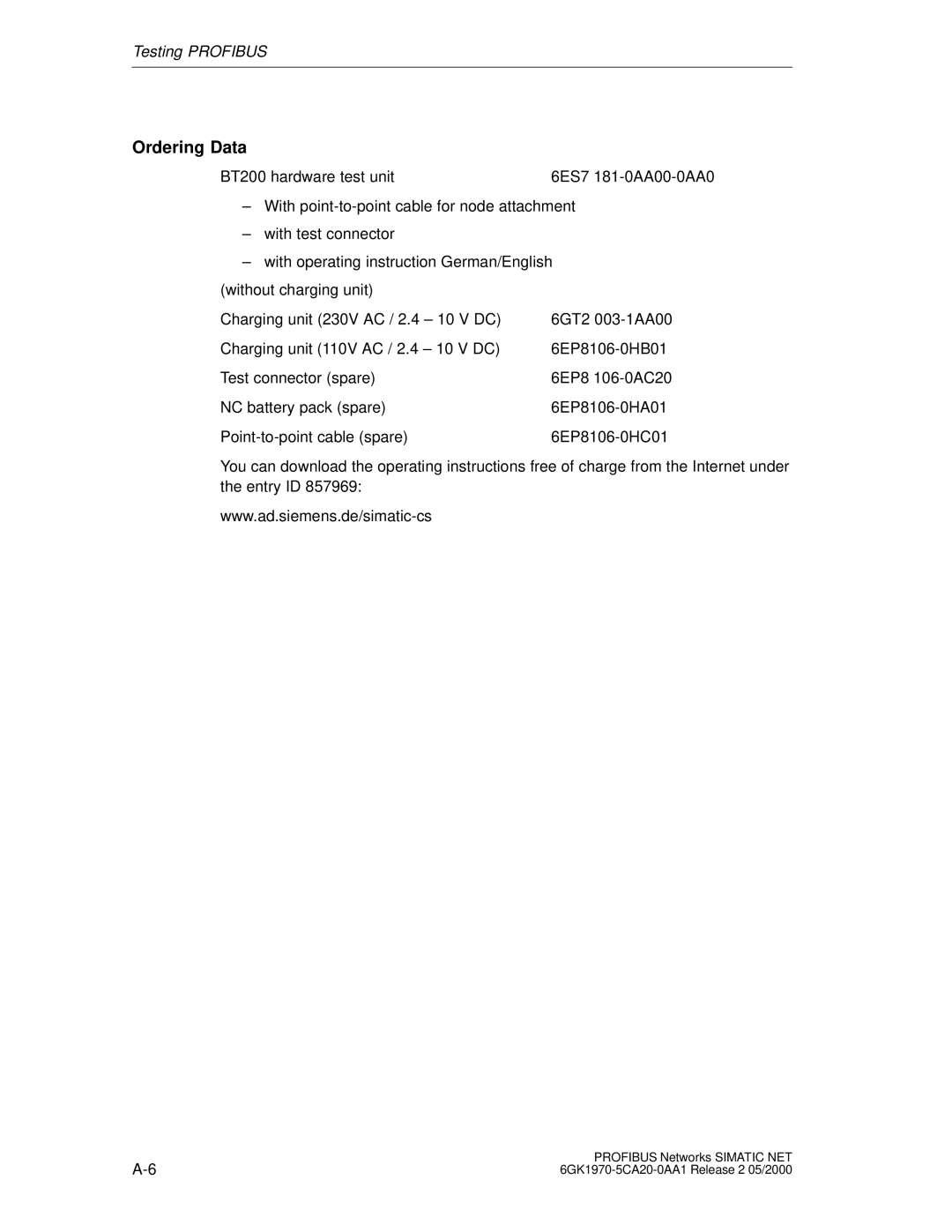 Siemens SIMATIC NET PROFIBUS manual Ordering Data 