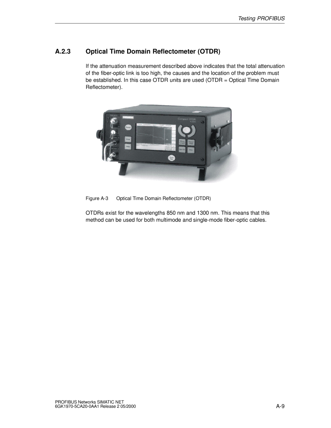 Siemens SIMATIC NET PROFIBUS manual Figure A-3 Optical Time Domain Reflectometer Otdr 