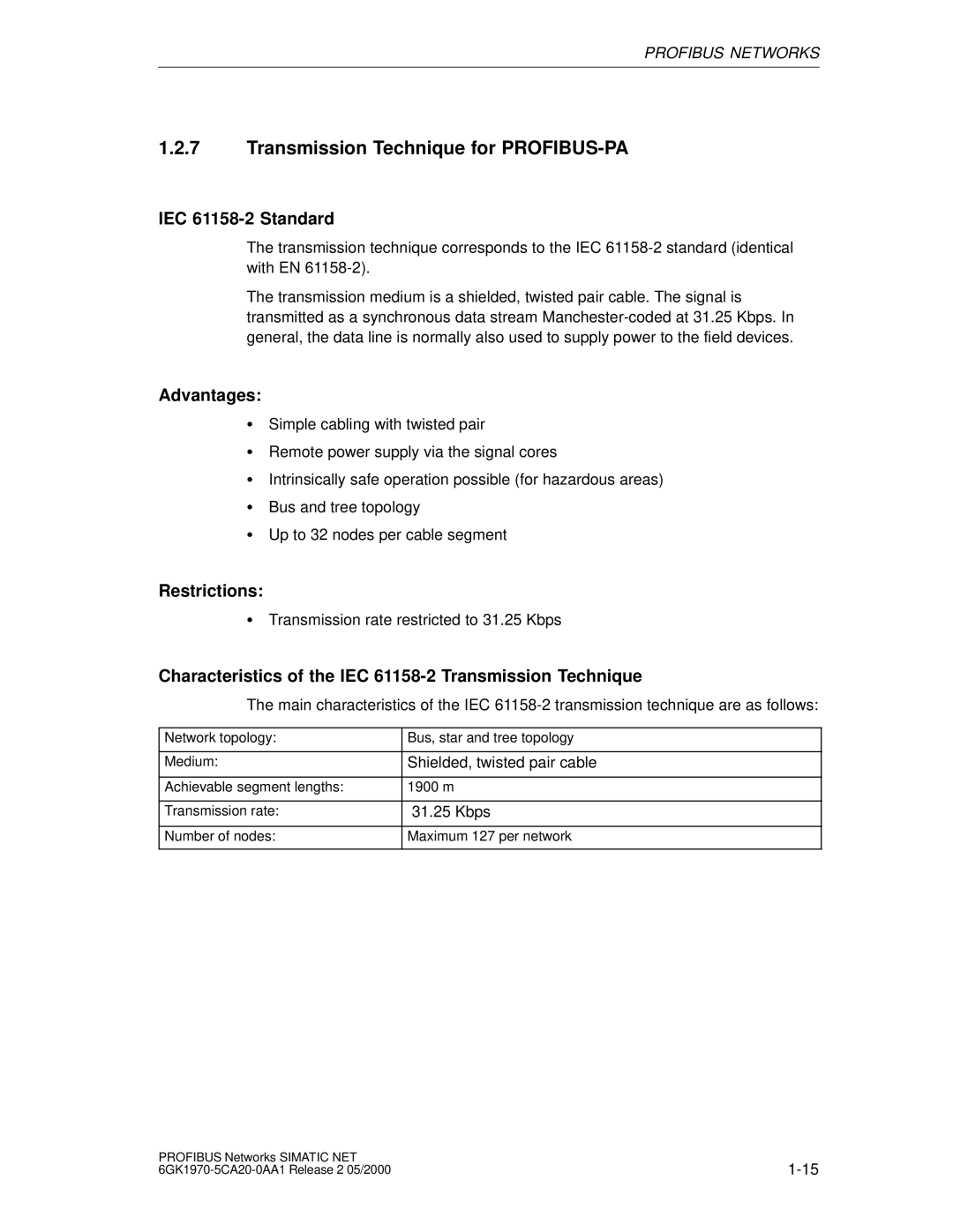 Siemens SIMATIC NET PROFIBUS manual Transmission Technique for PROFIBUS-PA, IEC 61158-2 Standard 