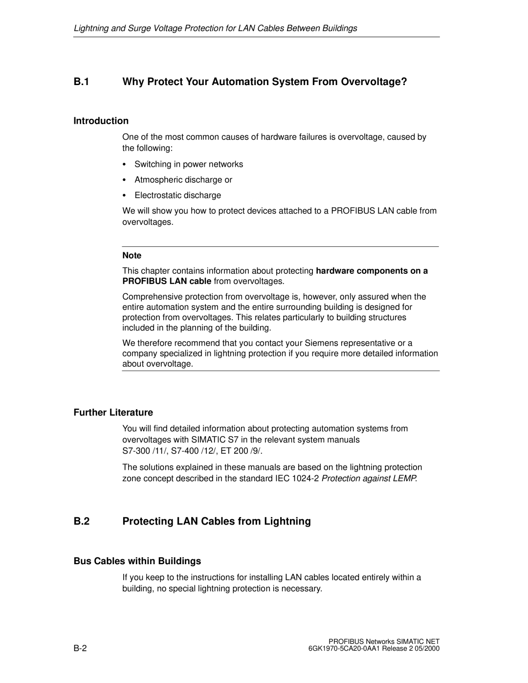 Siemens SIMATIC NET PROFIBUS Why Protect Your Automation System From Overvoltage?, Protecting LAN Cables from Lightning 