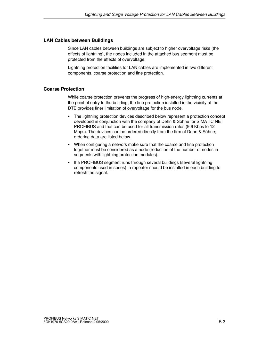 Siemens SIMATIC NET PROFIBUS manual LAN Cables between Buildings, Coarse Protection 