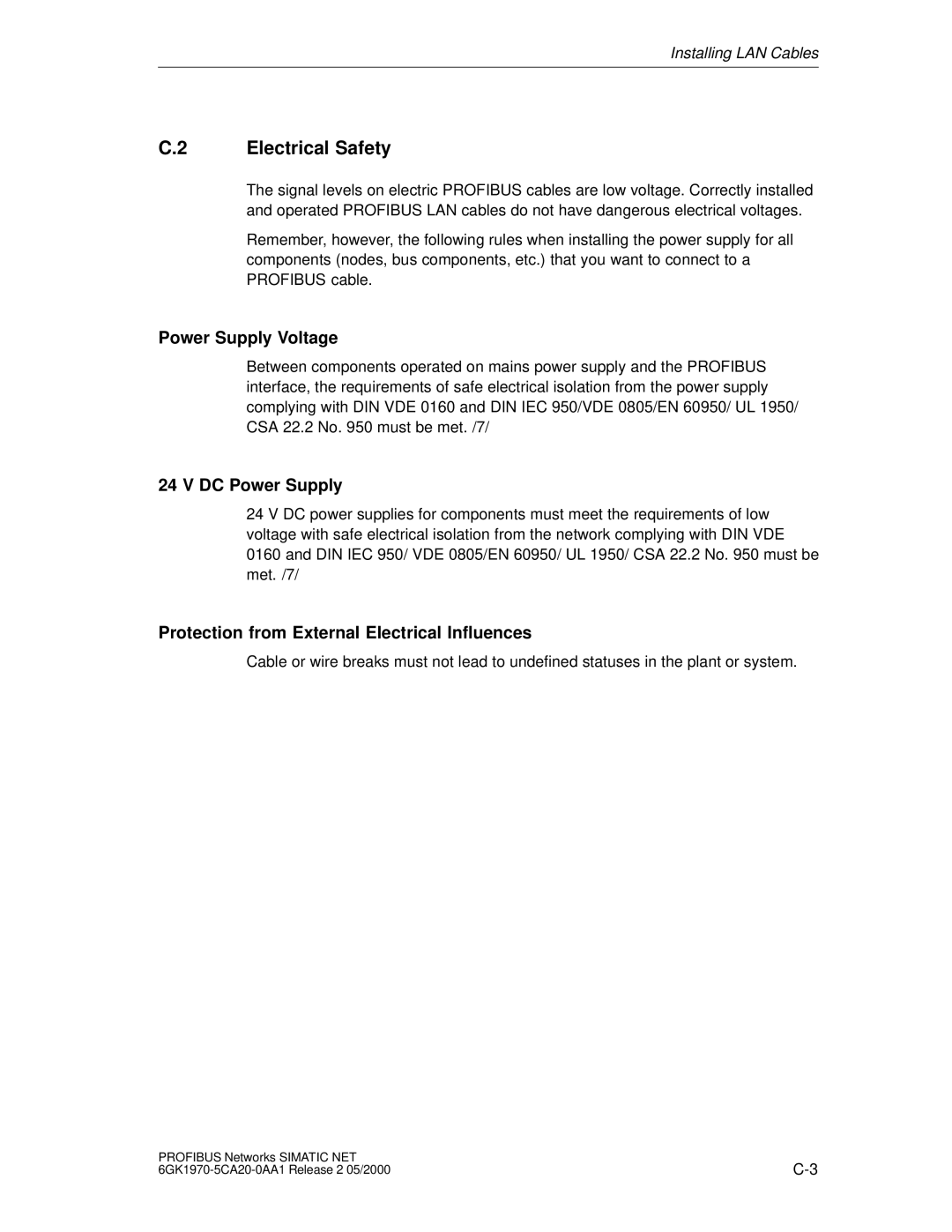 Siemens SIMATIC NET PROFIBUS manual Electrical Safety, Power Supply Voltage, DC Power Supply 