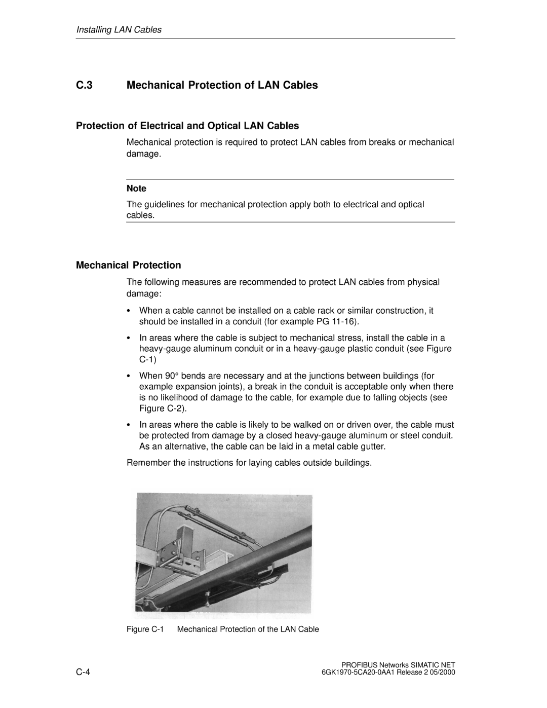 Siemens SIMATIC NET PROFIBUS manual Mechanical Protection of LAN Cables, Protection of Electrical and Optical LAN Cables 