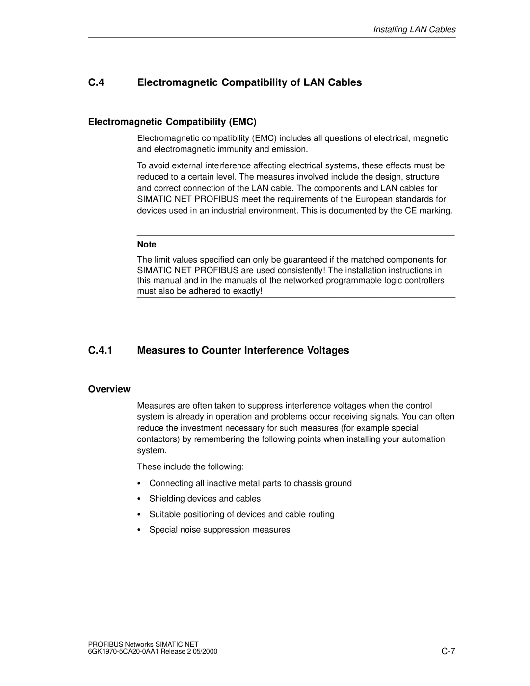 Siemens SIMATIC NET PROFIBUS manual Electromagnetic Compatibility of LAN Cables, Measures to Counter Interference Voltages 