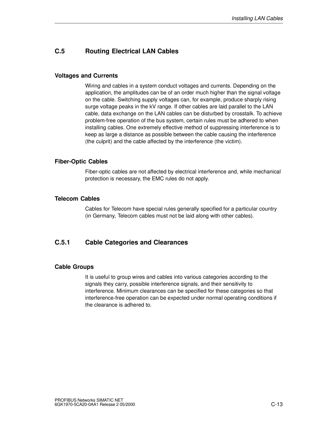 Siemens SIMATIC NET PROFIBUS manual Routing Electrical LAN Cables, Cable Categories and Clearances 