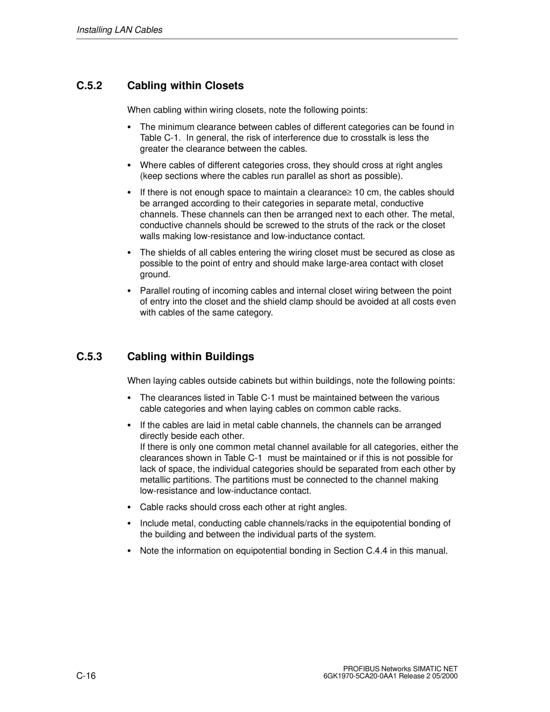 Siemens SIMATIC NET PROFIBUS manual Cabling within Closets, Cabling within Buildings 