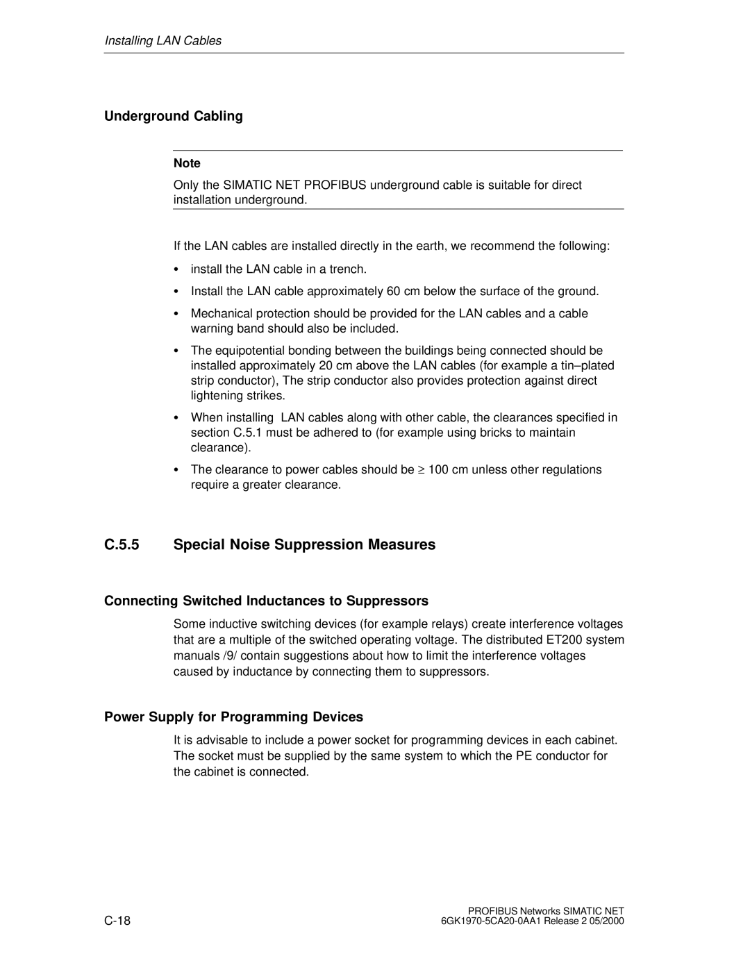 Siemens SIMATIC NET PROFIBUS Special Noise Suppression Measures, Underground Cabling, Power Supply for Programming Devices 