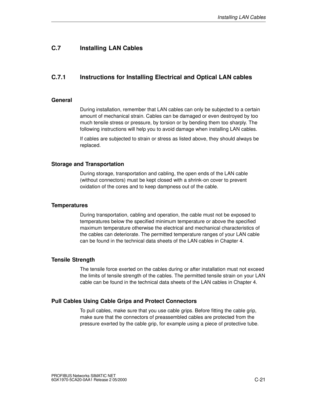 Siemens SIMATIC NET PROFIBUS manual General, Storage and Transportation, Temperatures, Tensile Strength 