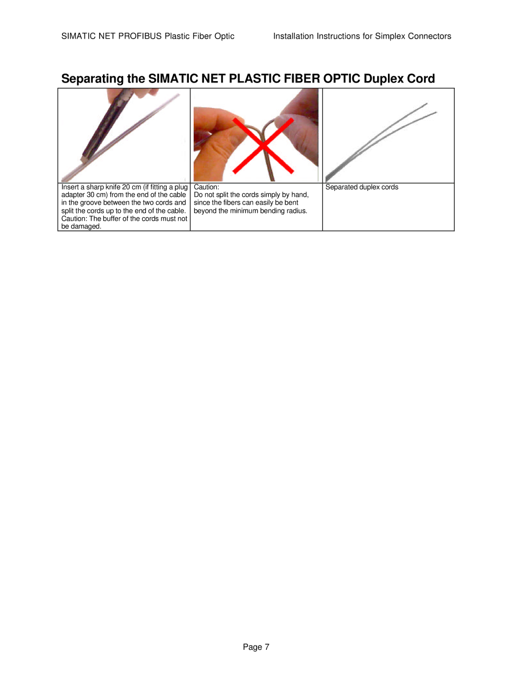 Siemens SIMATIC NET PROFIBUS manual Separating the Simatic NET Plastic Fiber Optic Duplex Cord 