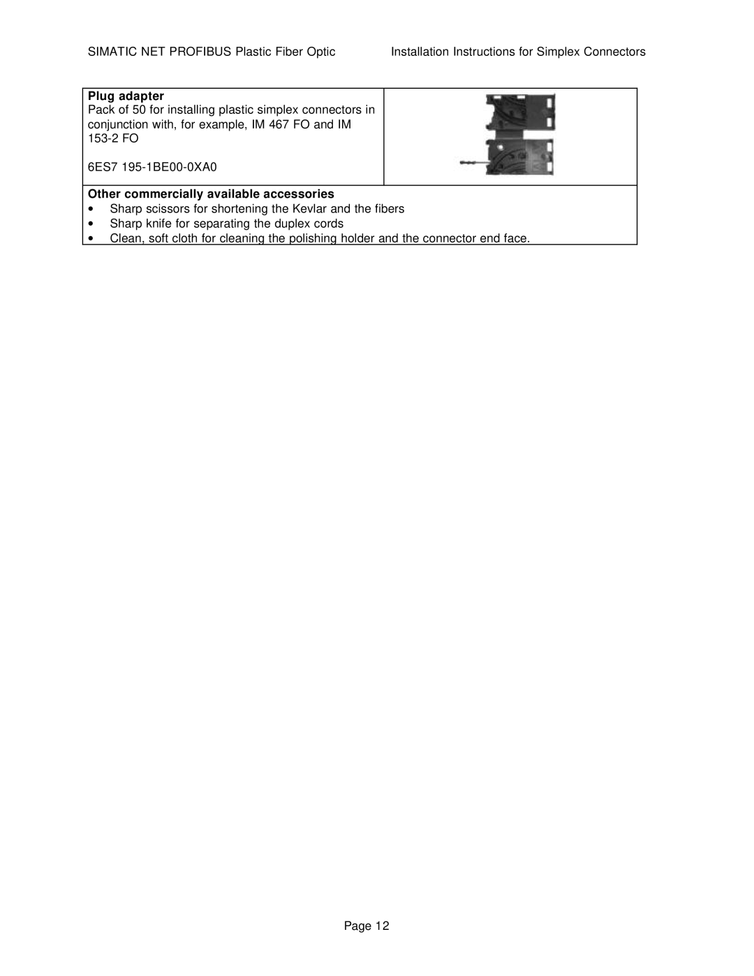 Siemens SIMATIC NET PROFIBUS manual Plug adapter, Other commercially available accessories 