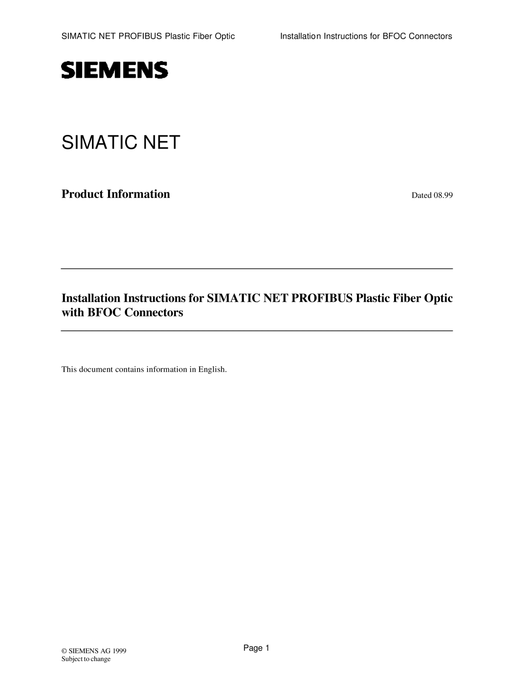 Siemens SIMATIC NET PROFIBUS manual Simatic NET 