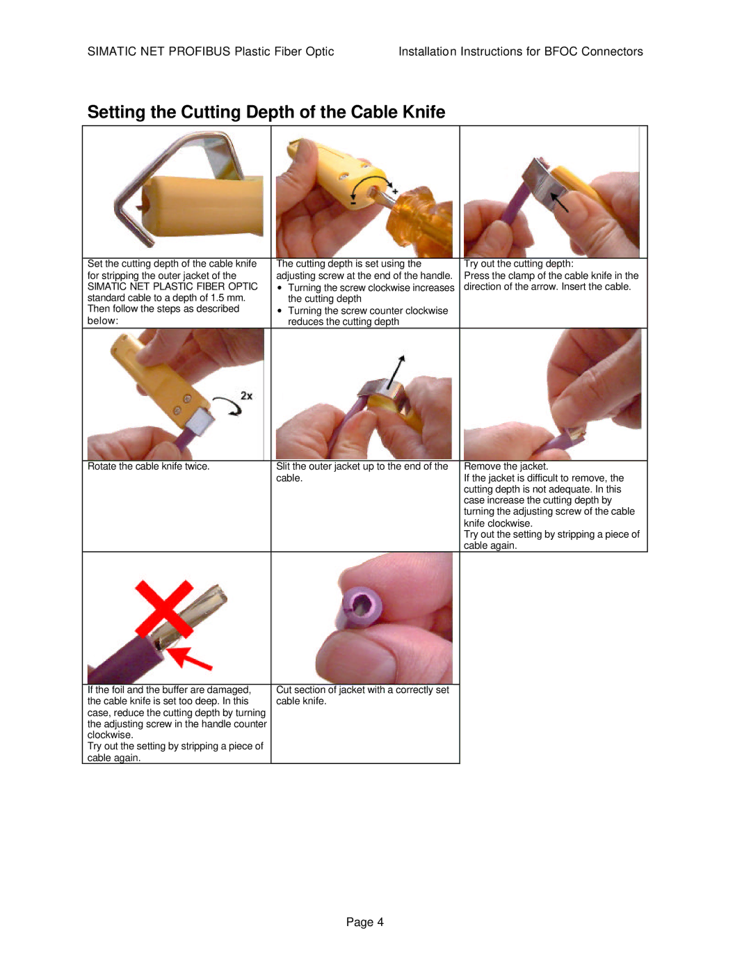 Siemens SIMATIC NET PROFIBUS manual Setting the Cutting Depth of the Cable Knife 