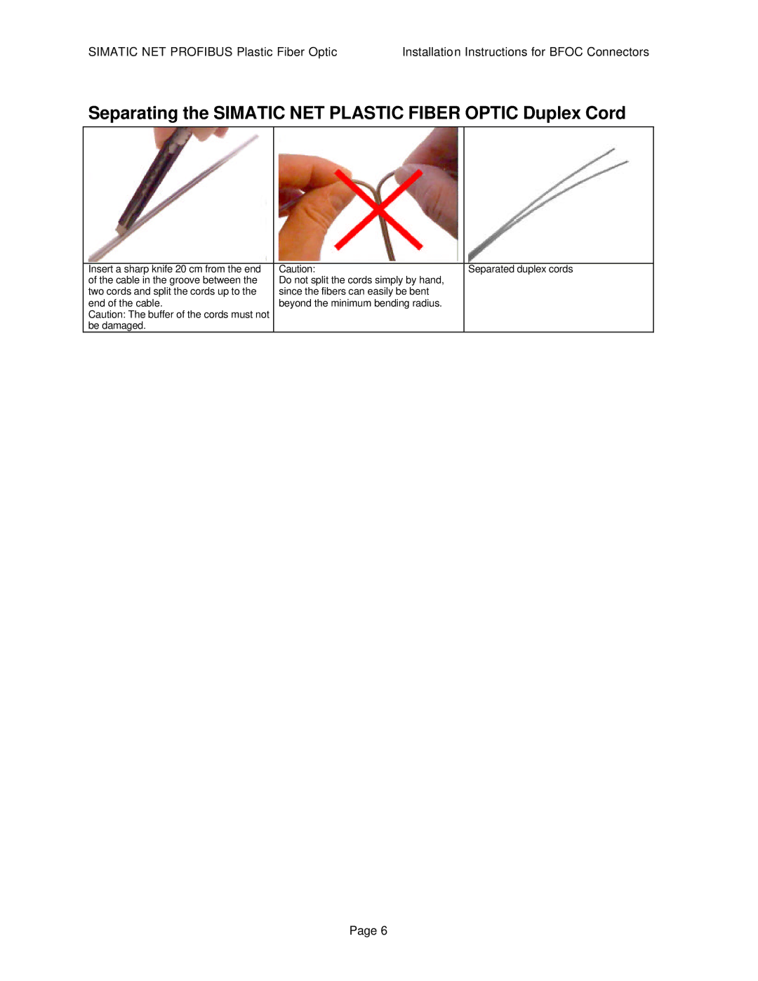 Siemens SIMATIC NET PROFIBUS manual Separating the Simatic NET Plastic Fiber Optic Duplex Cord 