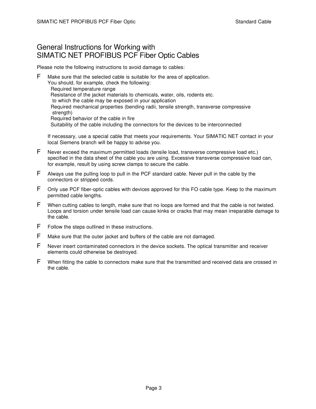 Siemens SIMATIC NET PROFIBUS manual Simatic NET Profibus PCF Fiber Optic Standard Cable 