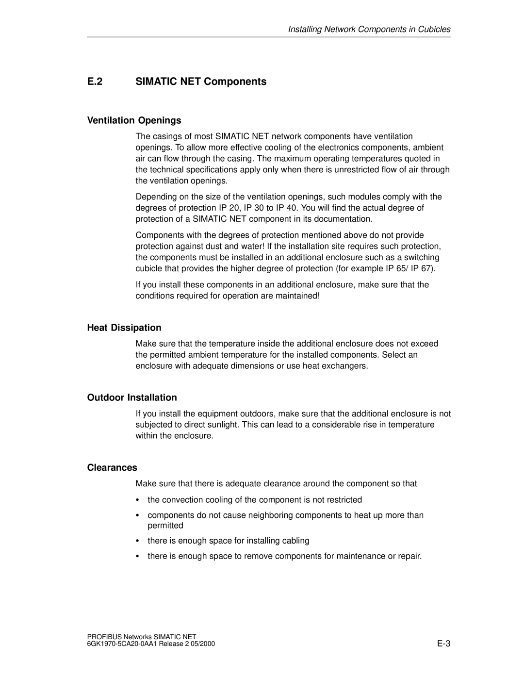 Siemens SIMATIC NET PROFIBUS manual Simatic NET Components, Ventilation Openings, Heat Dissipation, Outdoor Installation 