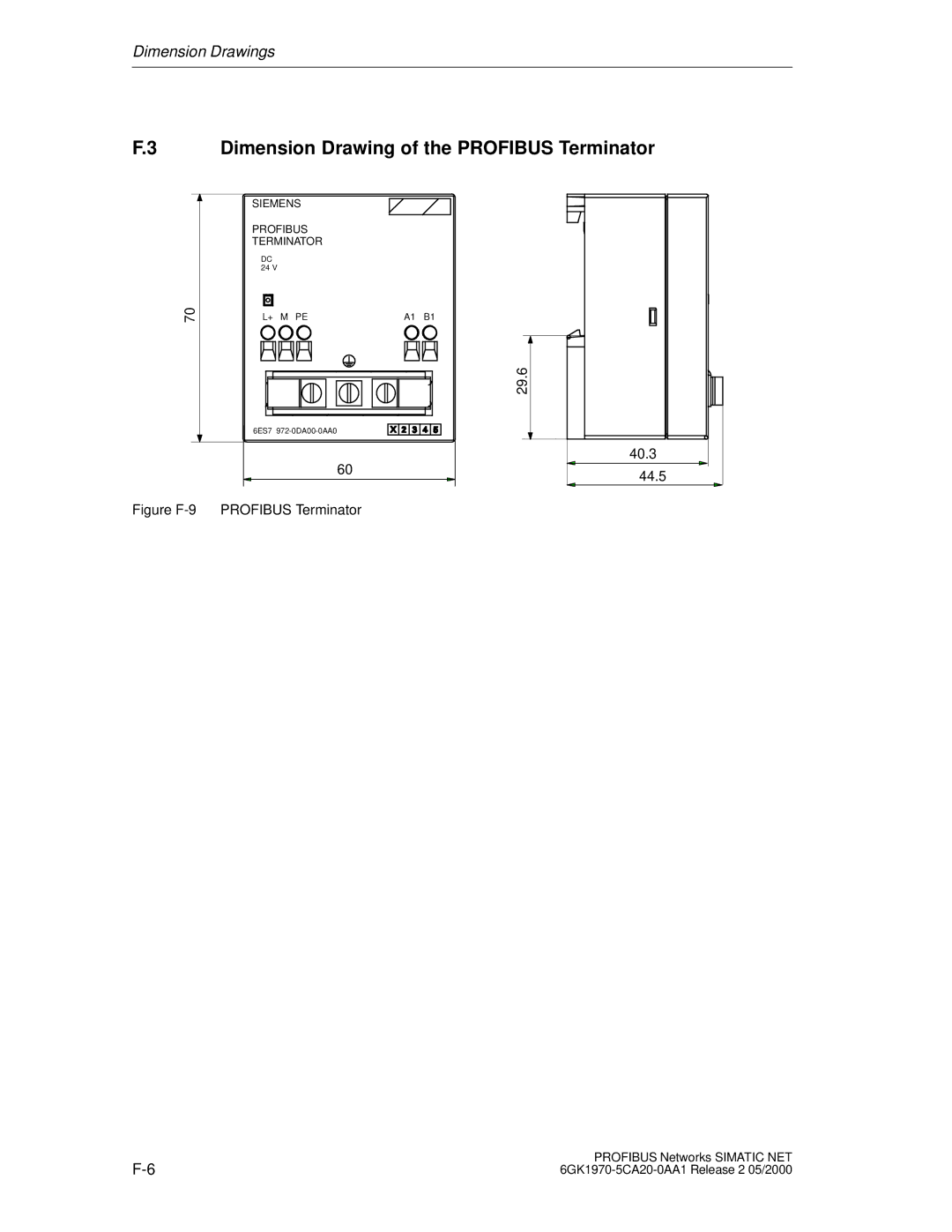 Siemens SIMATIC NET PROFIBUS manual Dimension Drawing of the Profibus Terminator, Figure F-9 Profibus Terminator 40.3 44.5 