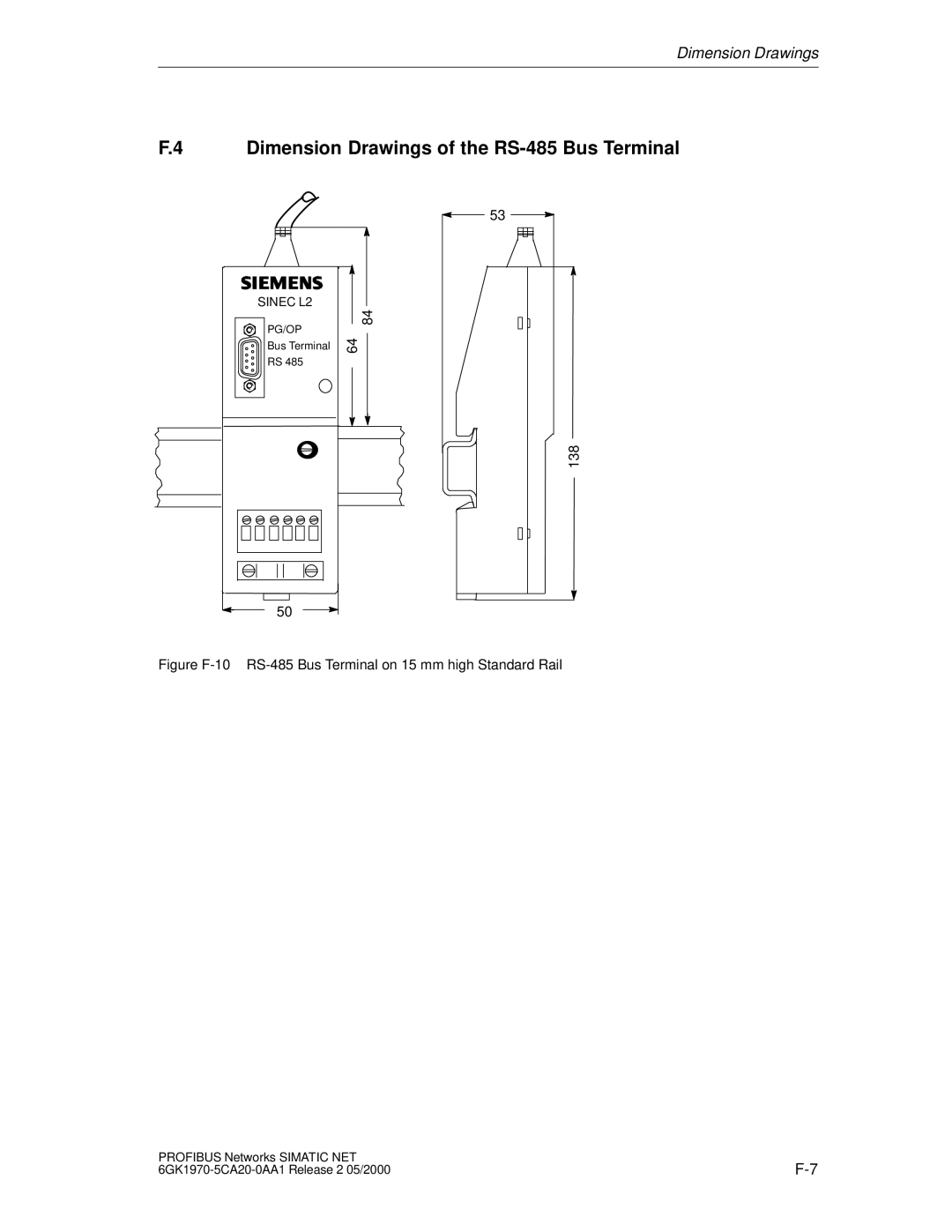 Siemens SIMATIC NET PROFIBUS manual Dimension Drawings of the RS-485 Bus Terminal 