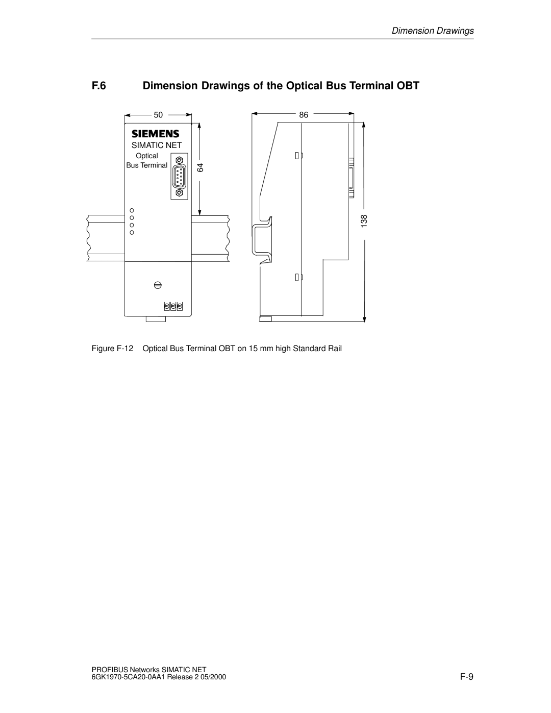 Siemens SIMATIC NET PROFIBUS manual Dimension Drawings of the Optical Bus Terminal OBT 