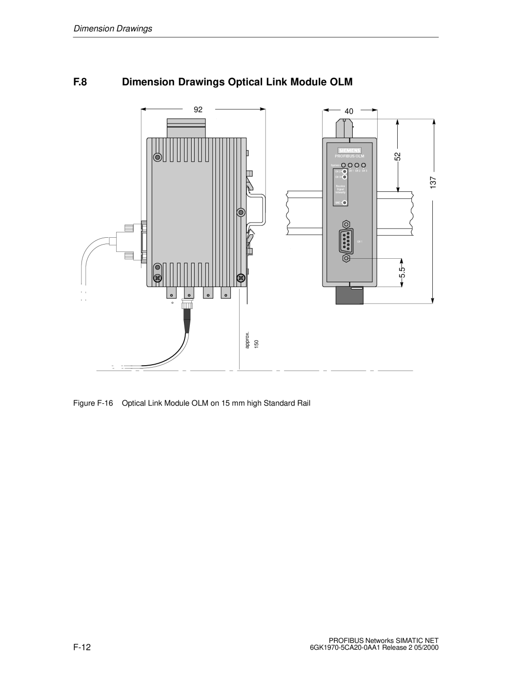 Siemens SIMATIC NET PROFIBUS manual Dimension Drawings Optical Link Module OLM 