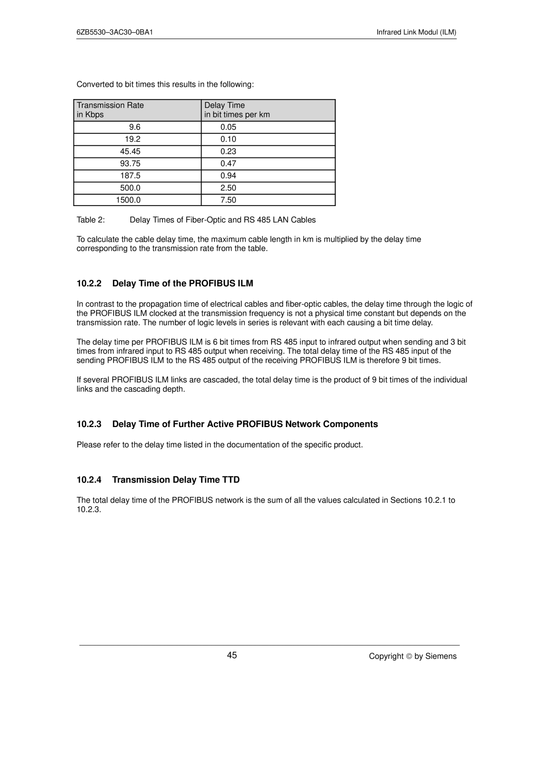 Siemens SIMATIC NET PROFIBUS Delay Time of the Profibus ILM, Delay Time of Further Active Profibus Network Components 