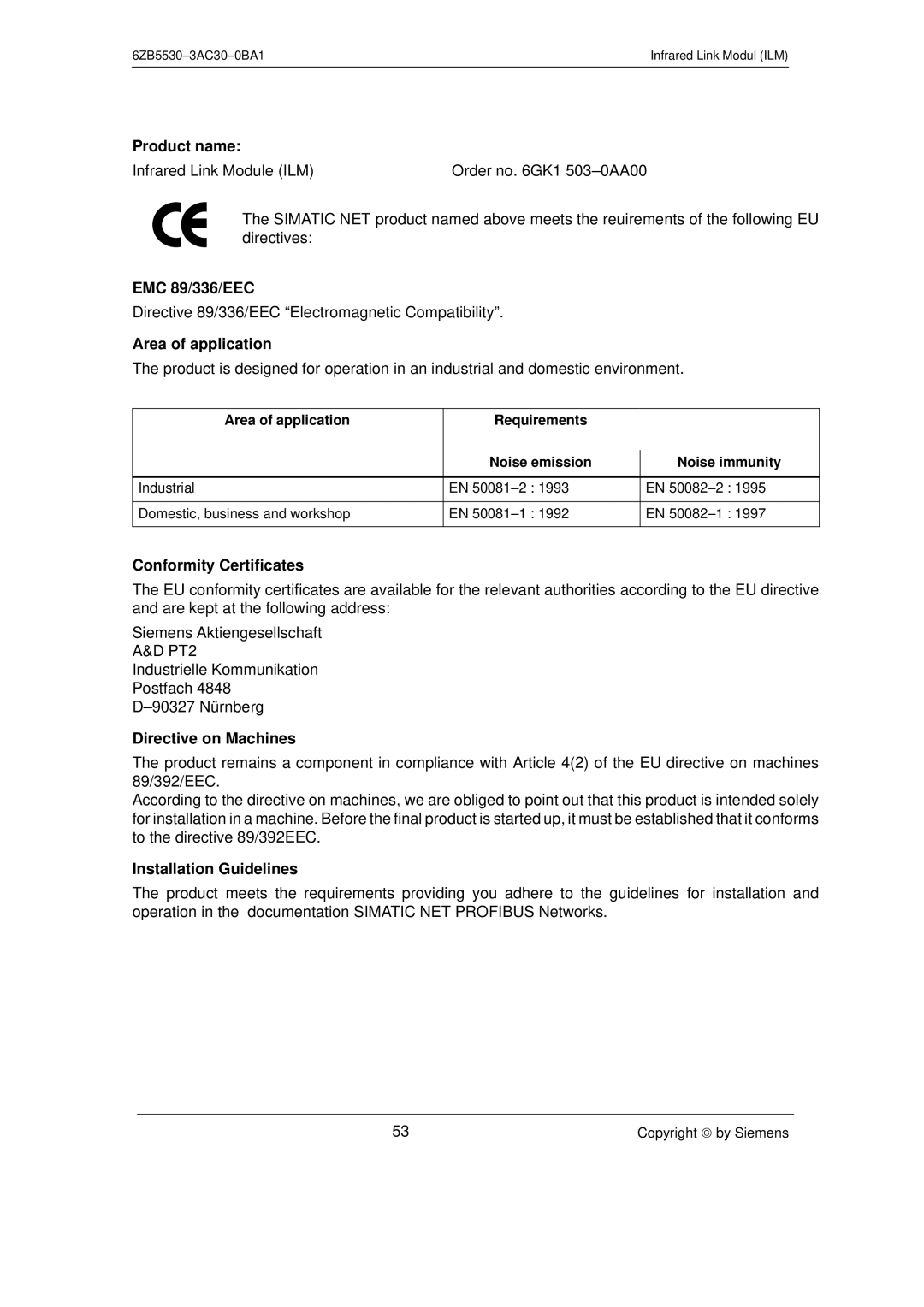 Siemens SIMATIC NET PROFIBUS manual Product name, EMC 89/336/EEC, Area of application, Conformity Certificates 