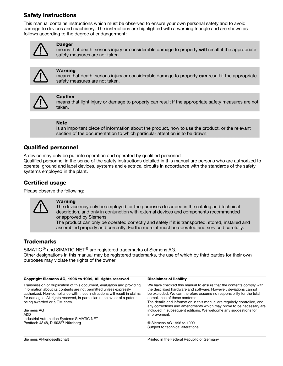 Siemens SIMATIC NET PROFIBUS manual Safety Instructions, Qualified personnel, Certified usage, Trademarks 