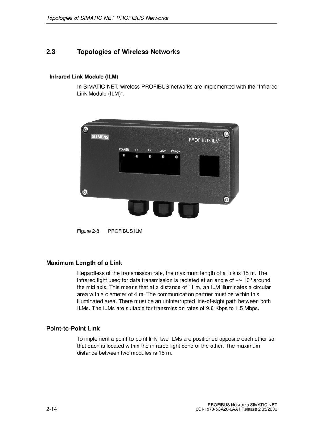 Siemens SIMATIC NET PROFIBUS manual Topologies of Wireless Networks, Maximum Length of a Link, Point-to-Point Link 