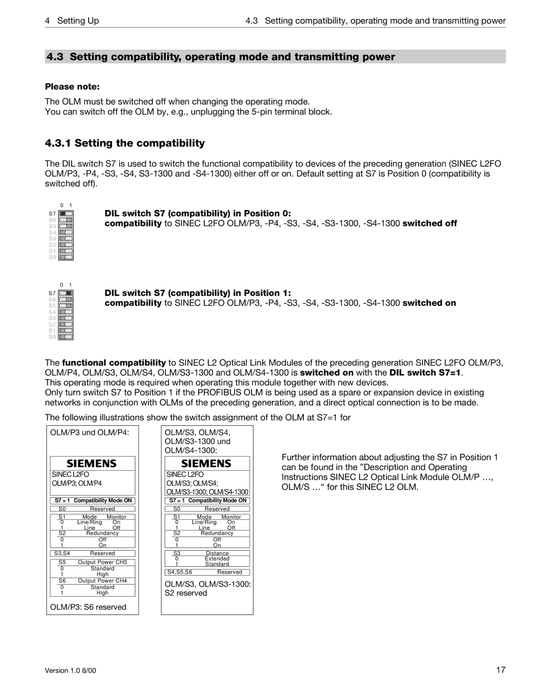 Siemens SIMATIC NET PROFIBUS manual Setting the compatibility, DIL switch S7 compatibility in Position 