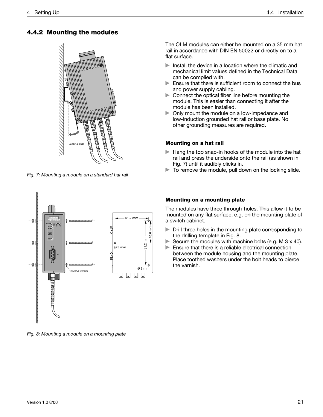 Siemens SIMATIC NET PROFIBUS manual Mounting the modules, Mounting on a hat rail, Mounting on a mounting plate 