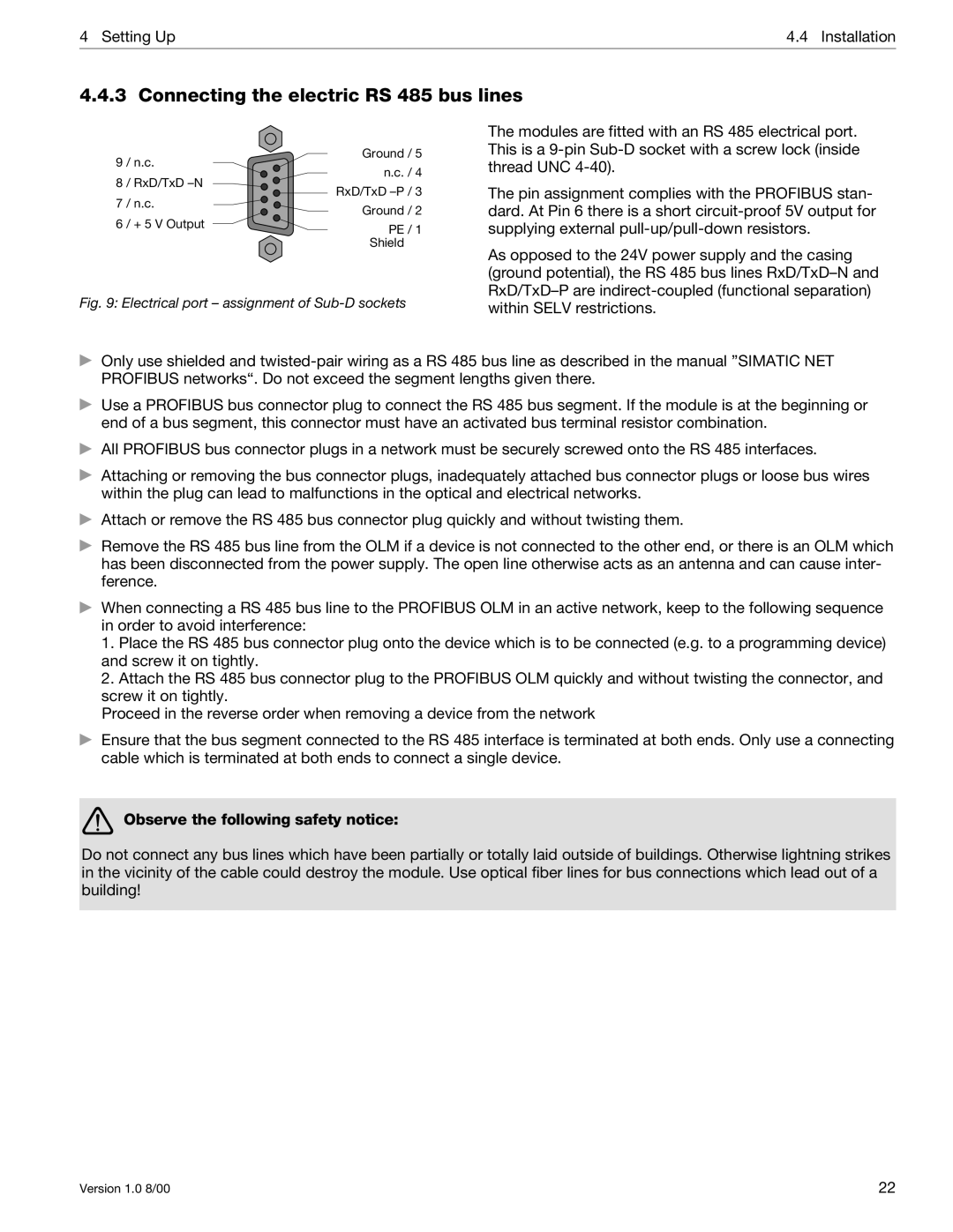 Siemens SIMATIC NET PROFIBUS manual Connecting the electric RS 485 bus lines, Observe the following safety notice 