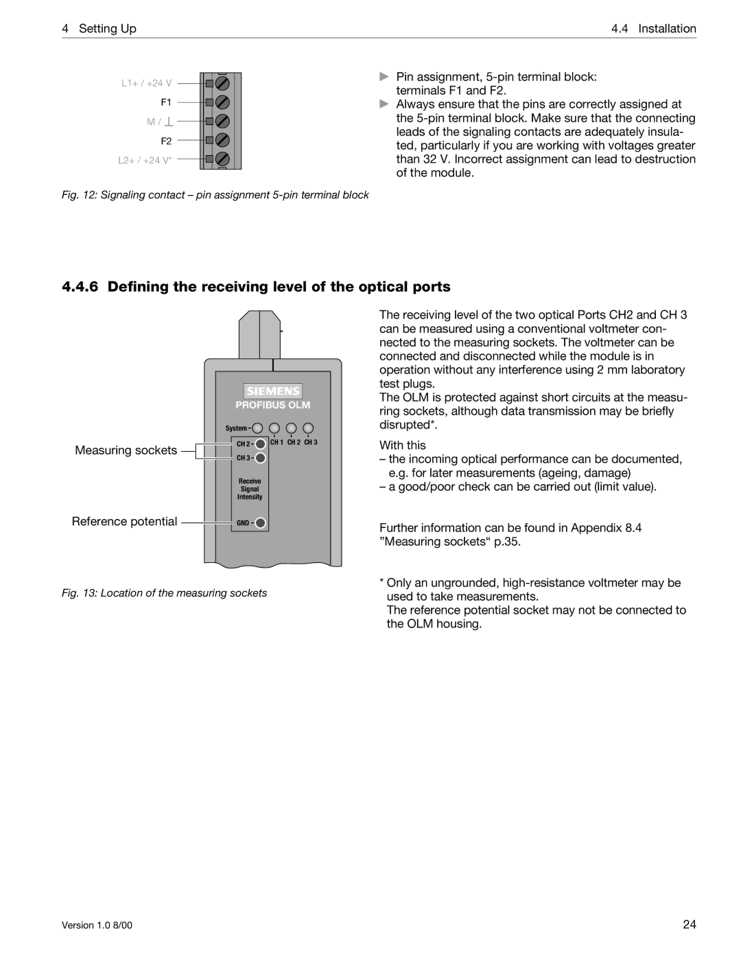 Siemens SIMATIC NET PROFIBUS manual Defining the receiving level of the optical ports, Measuring sockets 